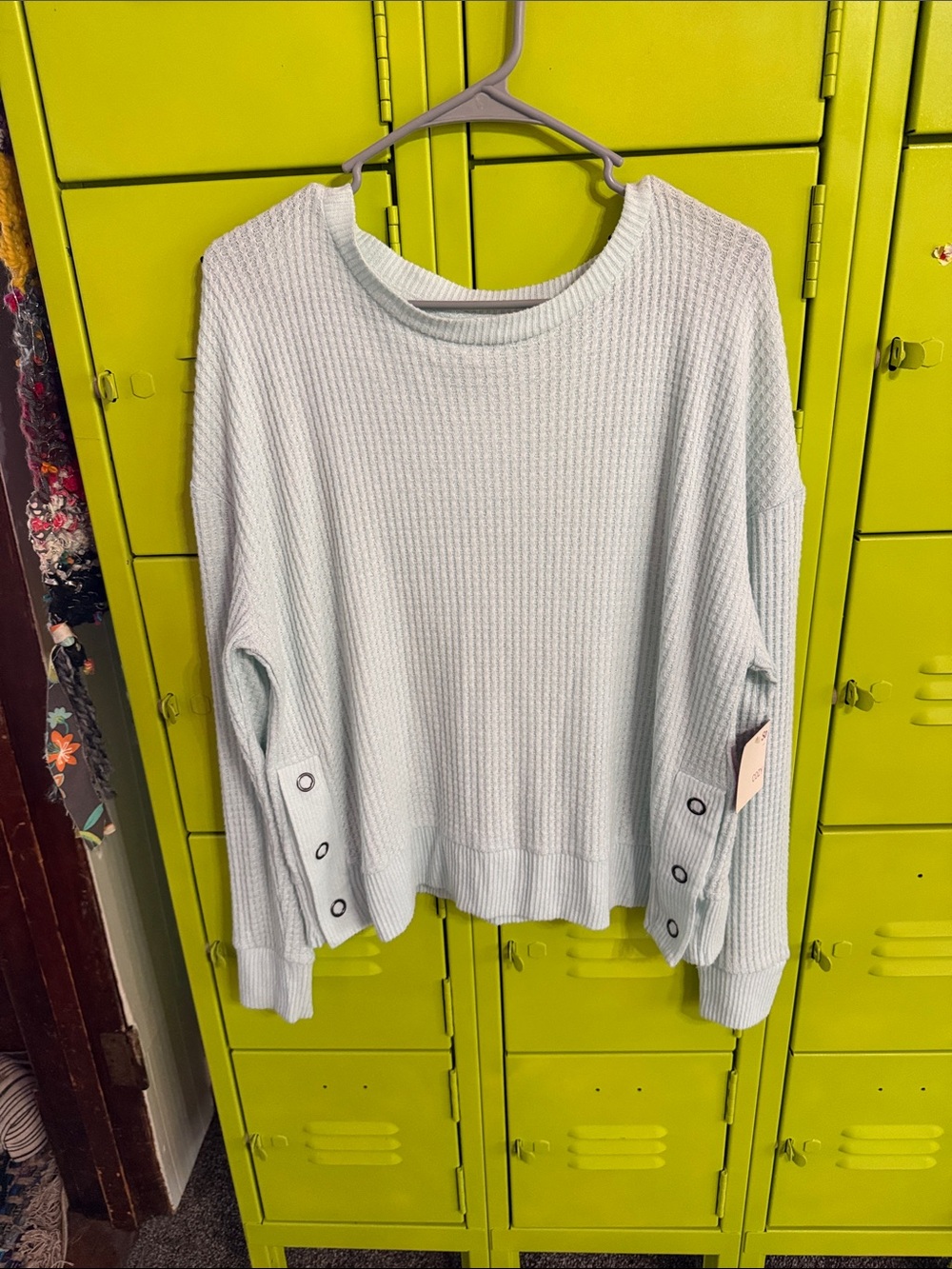 SO Pale Aqua Blue Waffle Knit Crew Button Detail